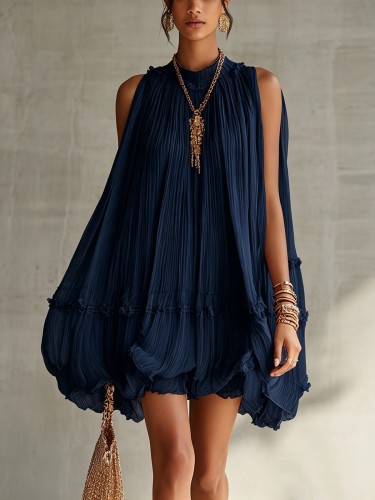 Plain Pleated Resort Mini Dress with Ruffle Details for Poolside Parties and City Strolls