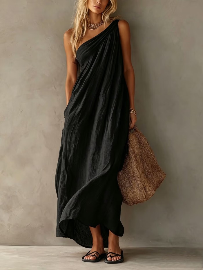 Elegant Flowy One Shoulder Boho Maxi Dress for Sightseeing Trips and Daily Streetwear