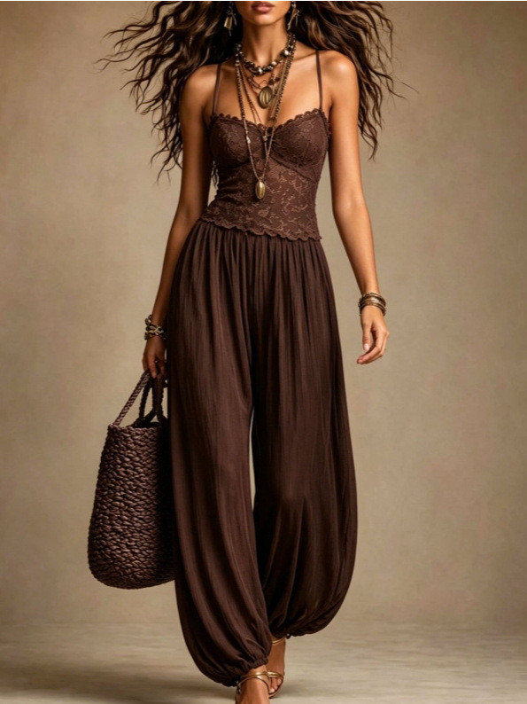 Lightweight Nude Sheer Lace Jumpsuit for Weekend Outings and Small Friend Gatherings