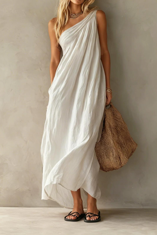 Elegant Flowy One Shoulder Boho Maxi Dress for Sightseeing Trips and Daily Streetwear