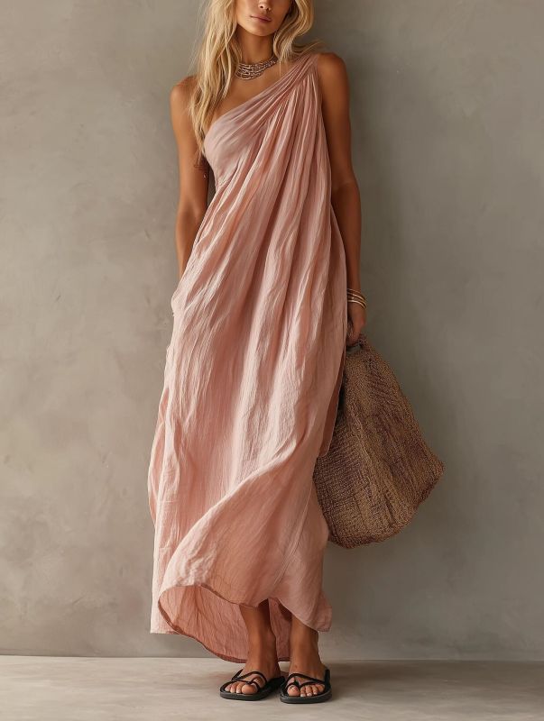 Elegant Flowy One Shoulder Boho Maxi Dress for Sightseeing Trips and Daily Streetwear