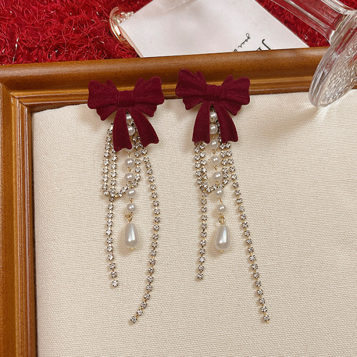 Elegant Bow Tassel Zircon Drop Earrings For Daily All Season Wear