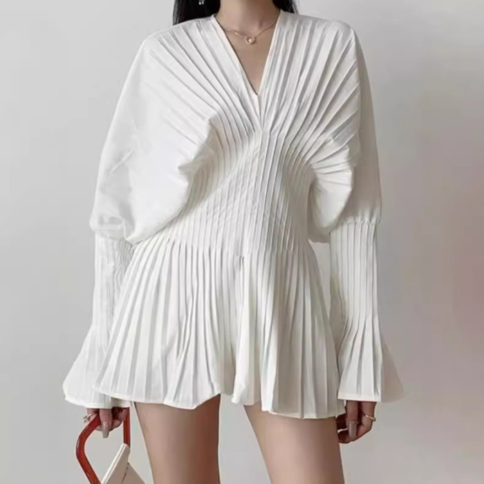 V Neck Flared Sleeve Pleated Waist White Shirt | Spring Summer Daily Casual Top