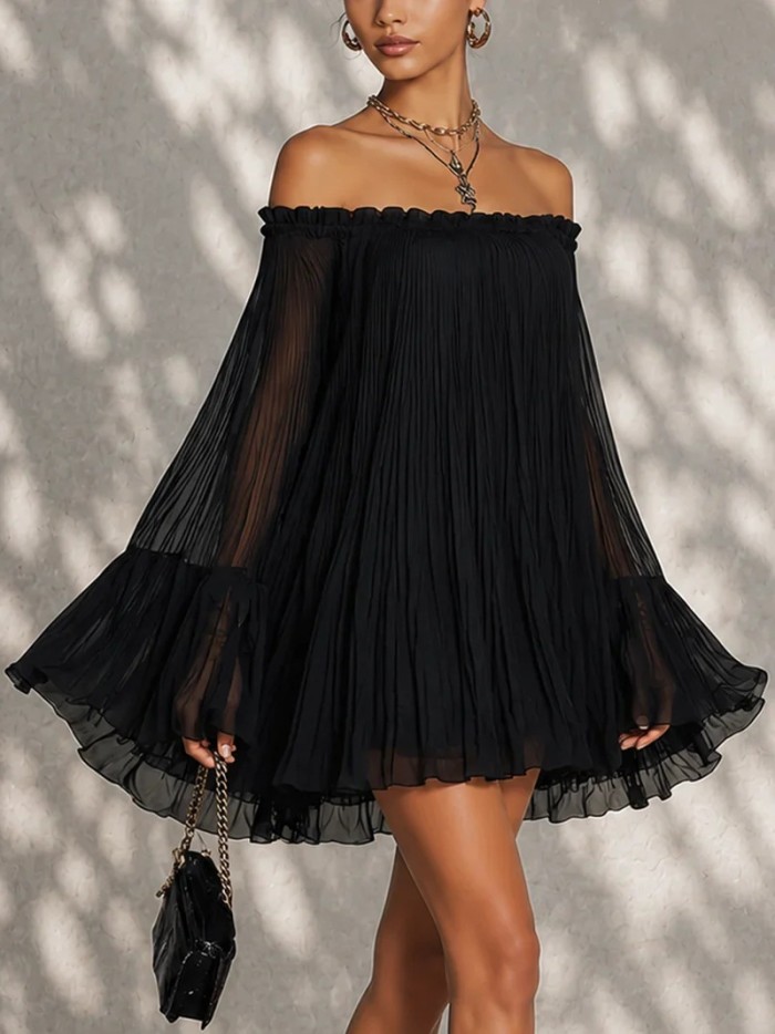 Off Shoulder Ruffle Pleated Mini Dress | Cocktail & Beach Summer Holiday Outfit