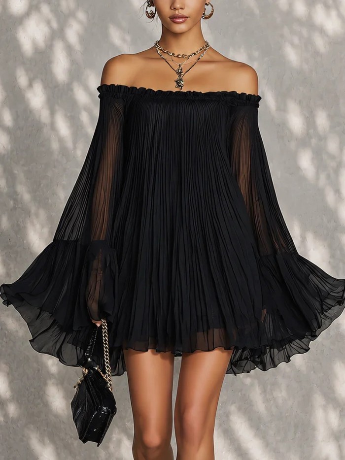 Off Shoulder Ruffle Pleated Mini Dress | Cocktail & Beach Summer Holiday Outfit
