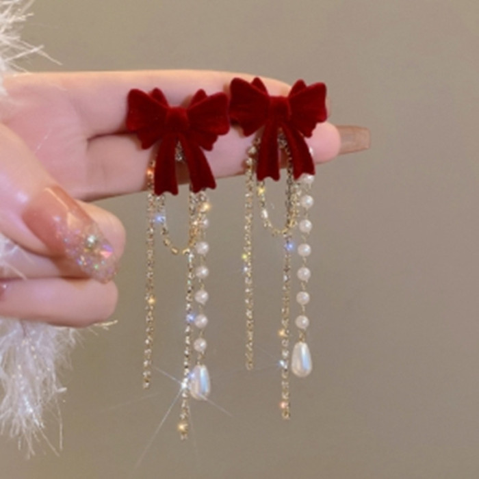 Elegant Bow Tassel Zircon Drop Earrings For Daily All Season Wear