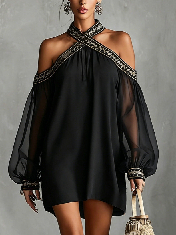Halter Off Shoulder Embroidery Trim Mini Dress | Beach Club & Boho Holiday Women Outfit