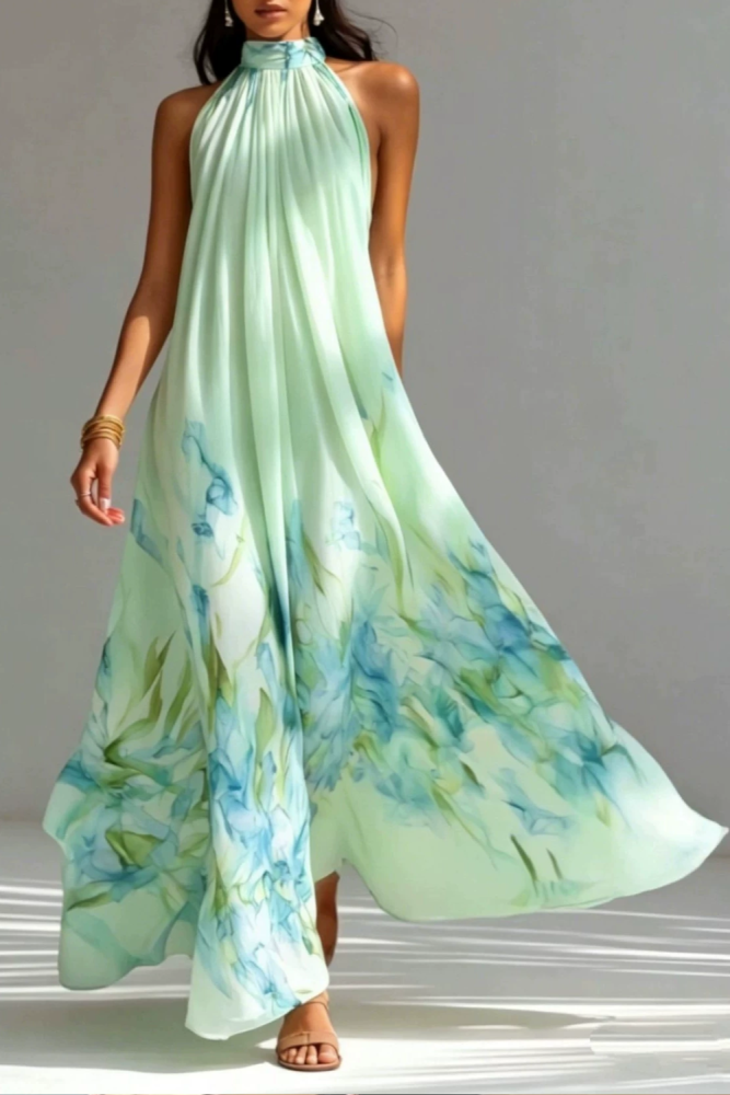 Halter Sleeveless Print Maxi Dress | Beach Resort & Wedding Guest Boho Long Dress