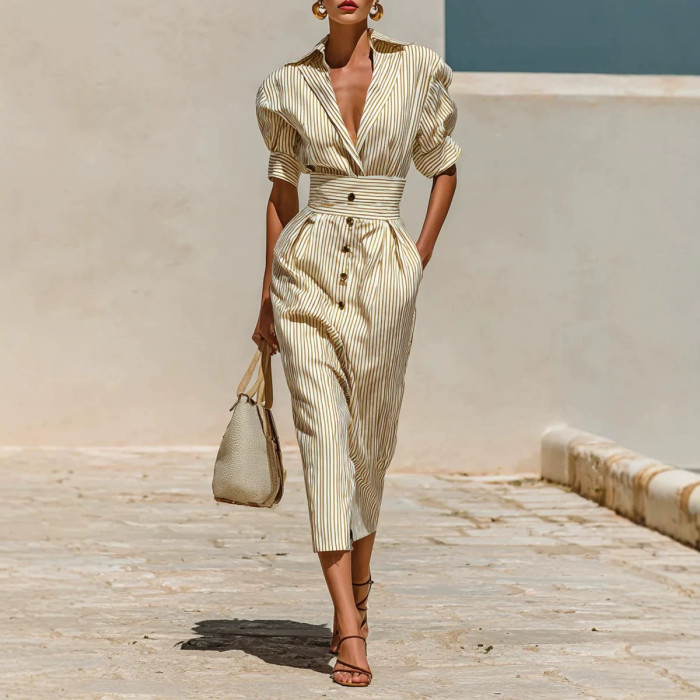 Lapel Deep V Striped Shirt Dress | Office & Summer Holiday Elegant Women Dress