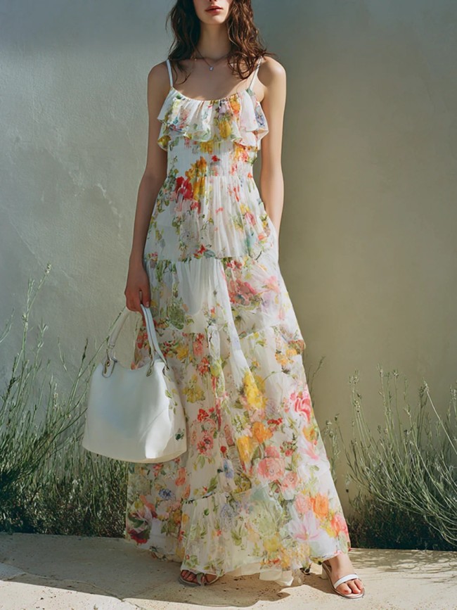 Spaghetti Strap Ruffle Tiered Floral Maxi Dress | Beach Vacation & Wedding Guest Boho Dress