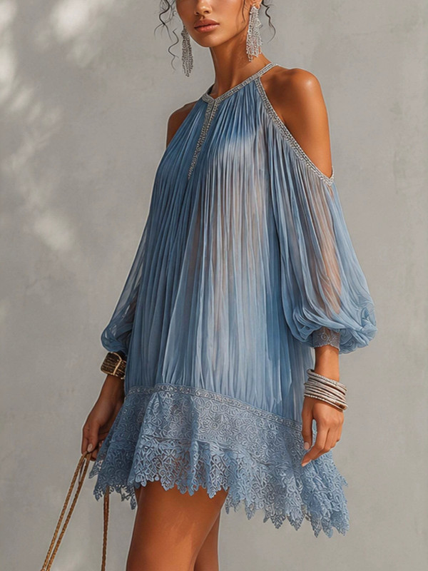 Sheer Halter Pleated Mini Dress | Beach Vacation Boho Women Sundress