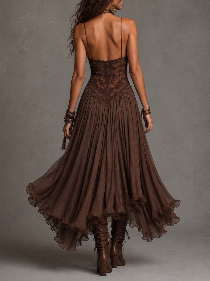 V Neck Lace Spaghetti Strap Maxi Dress | Beach & Vintage Prom Boho Long Sundress