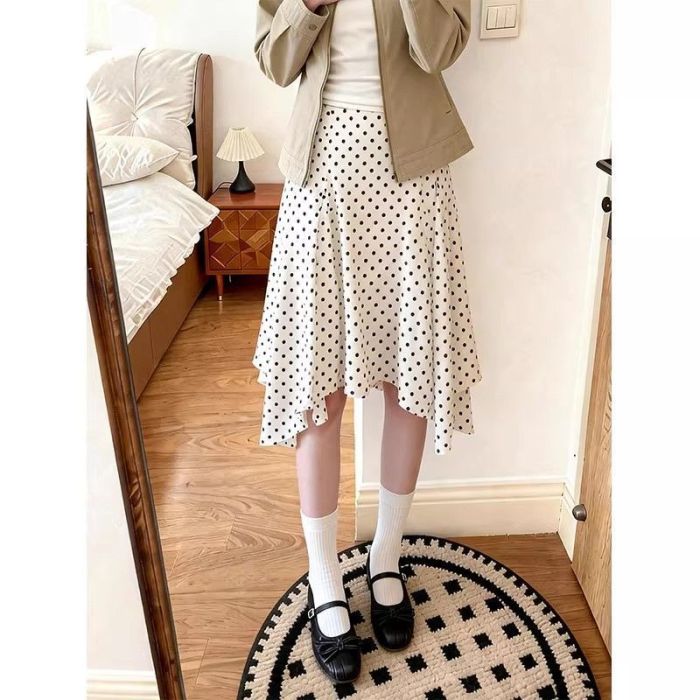 High Waist Irregular Polka Dot Midi Skirt | Spring Summer Retro Casual Women Skirt