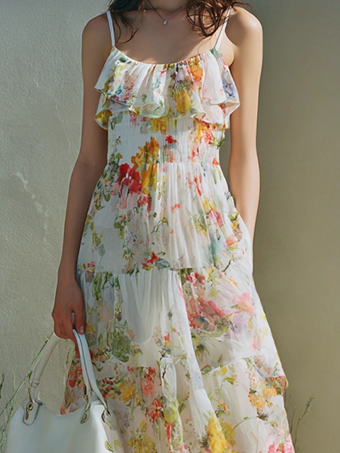 Spaghetti Strap Ruffle Tiered Floral Maxi Dress | Beach Vacation & Wedding Guest Boho Dress