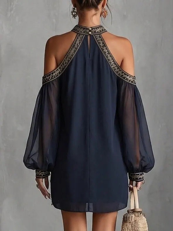 Halter Off Shoulder Embroidery Trim Mini Dress | Beach Club & Boho Holiday Women Outfit