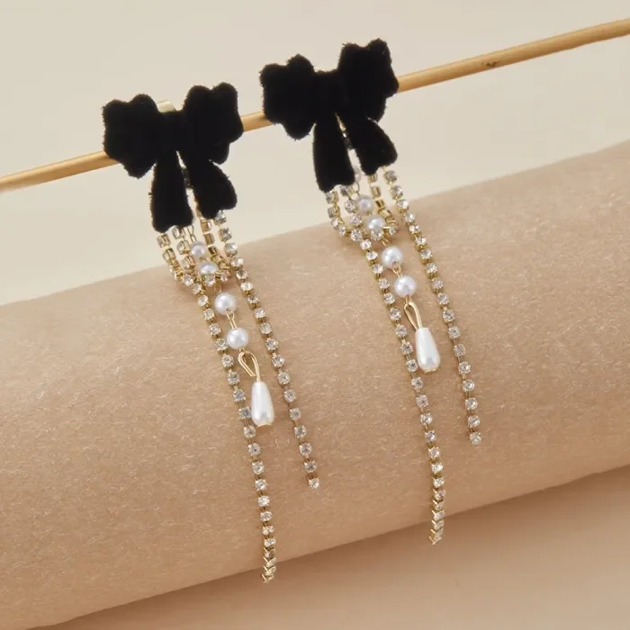 Elegant Bow Tassel Zircon Drop Earrings For Daily All Season Wear