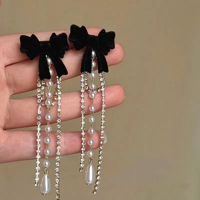 Elegant Bow Tassel Zircon Drop Earrings For Daily All Season Wear