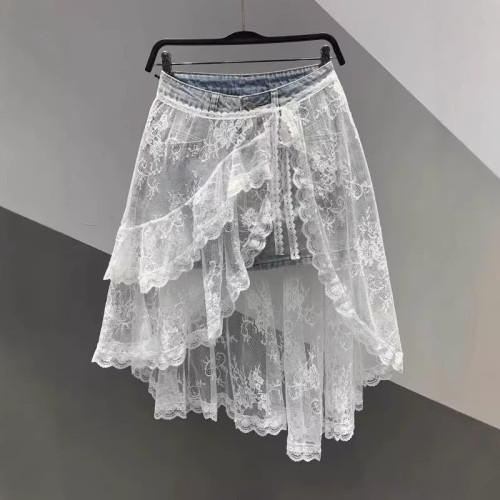 High Waist Spliced Lace Denim Mini Skirt | Summer Youthful Women Slim Skirt