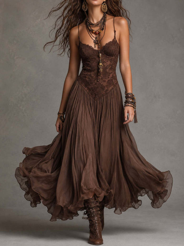 V Neck Lace Spaghetti Strap Maxi Dress | Beach & Vintage Prom Boho Long Sundress