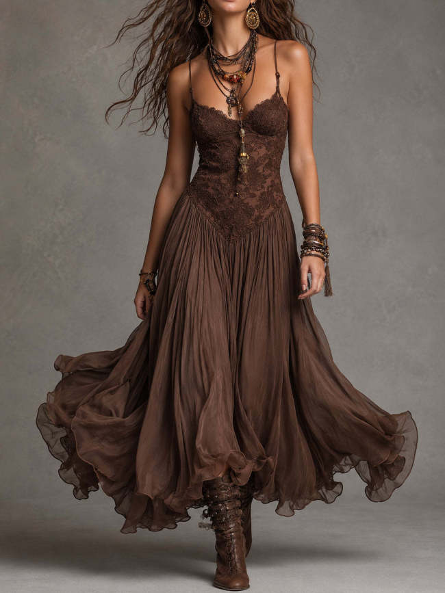 V Neck Lace Spaghetti Strap Maxi Dress | Beach & Vintage Prom Boho Long Sundress