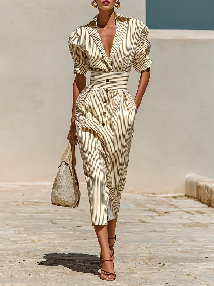 Lapel Deep V Striped Shirt Dress | Office & Summer Holiday Elegant Women Dress