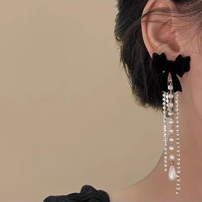 Elegant Bow Tassel Zircon Drop Earrings For Daily All Season Wear