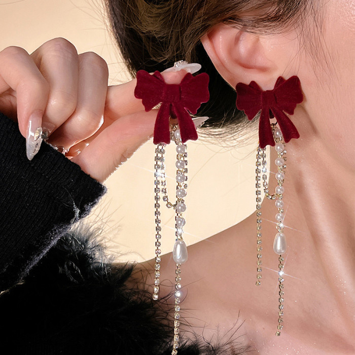 Elegant Bow Tassel Zircon Drop Earrings For Daily All Season Wear