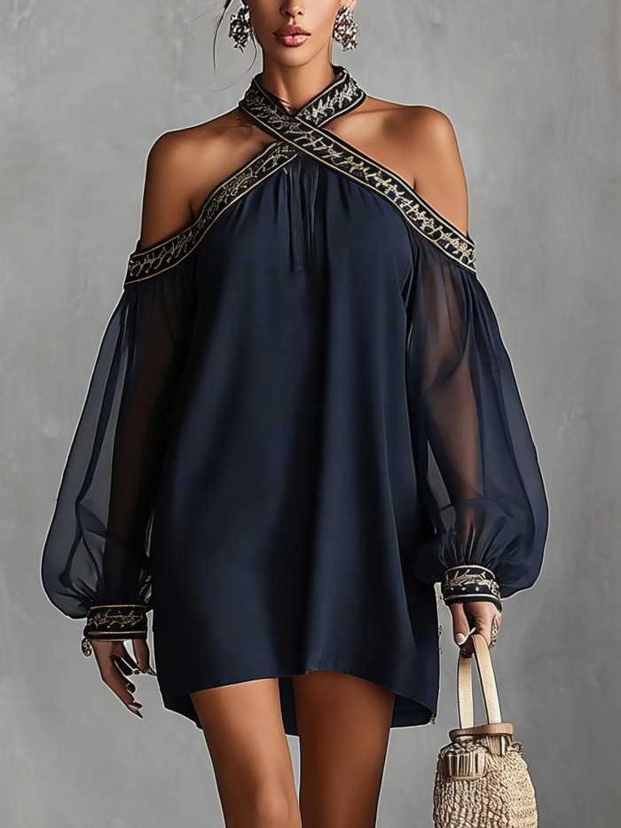 Halter Off Shoulder Embroidery Trim Mini Dress | Beach Club & Boho Holiday Women Outfit