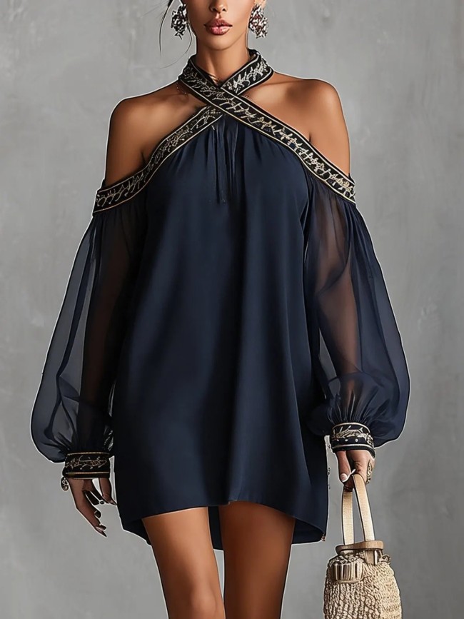 Halter Off Shoulder Embroidery Trim Mini Dress | Beach Club & Boho Holiday Women Outfit