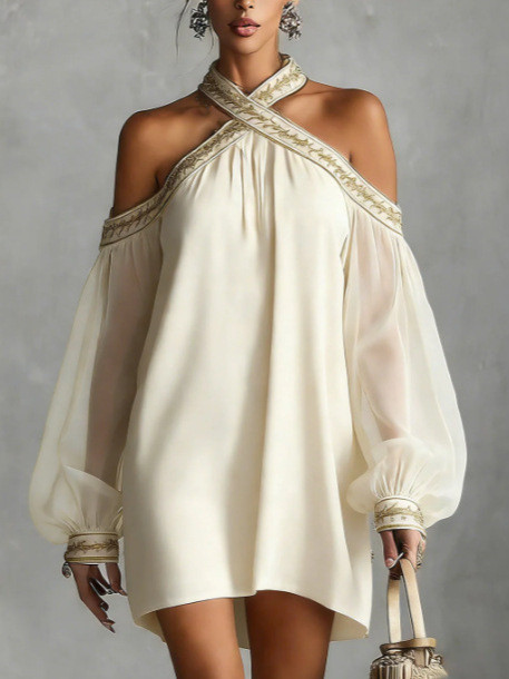Halter Off Shoulder Embroidery Trim Mini Dress | Beach Club & Boho Holiday Women Outfit