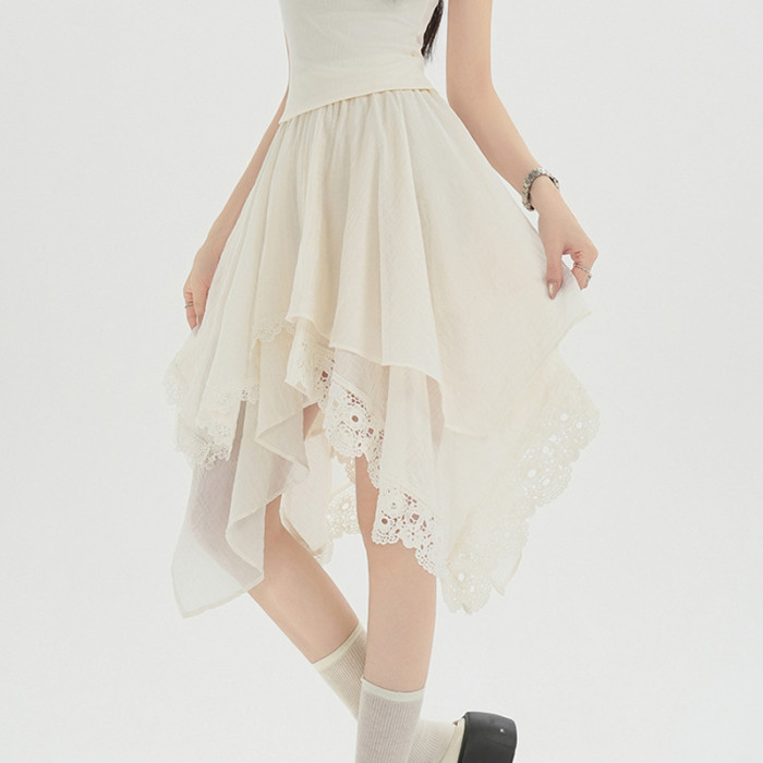 High Waist A-Line Lace Irregular Midi Skirt | Spring Daily Women Skirt
