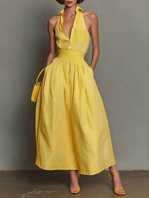 Turn-Down Collar Button Sleeveless Pleated Maxi Dress | Casual Summer Resort Women Dress