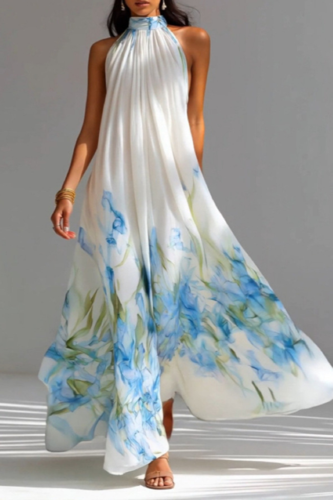 Halter Sleeveless Print Maxi Dress | Beach Resort & Wedding Guest Boho Long Dress