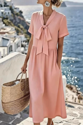 Bow Decor V Neck Solid Dress Short Sleeve | Summer Casual Temperament Women Dress