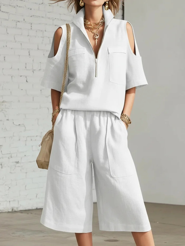 Solid V Neck Zip Short Sleeve Top & Elastic Waist Shorts Set | Daily Vacation Women Outfit