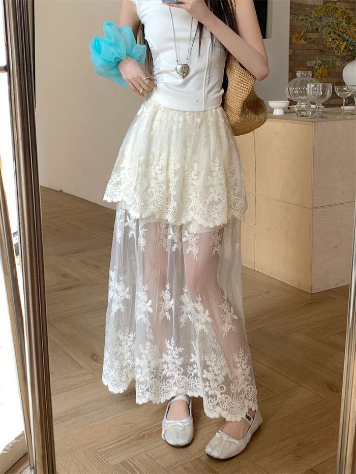 Retro Spliced Mesh Lace A Line Skirt | Summer Daily Youthful Women Skirt