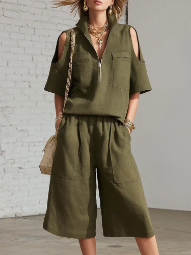 Solid V Neck Zip Short Sleeve Top & Elastic Waist Shorts Set | Daily Vacation Women Outfit