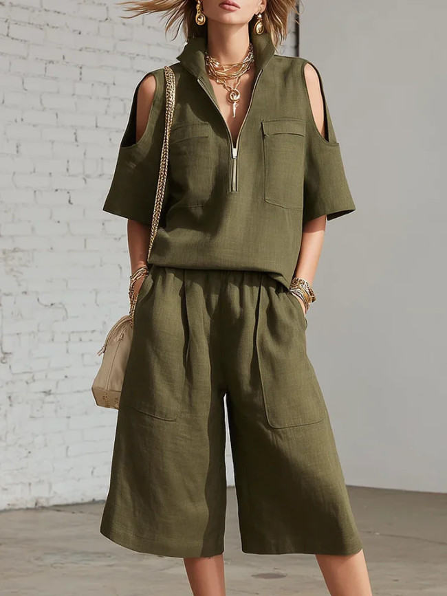 Solid V Neck Zip Short Sleeve Top & Elastic Waist Shorts Set | Daily Vacation Women Outfit