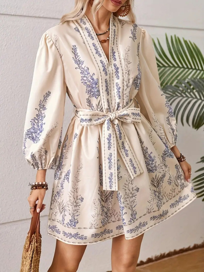 Long Sleeve Floral V Neck Midi Dress Boho Style | Daily & Party Women Dress