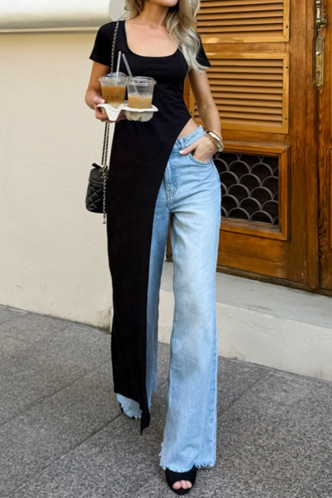 Square Neck Short Sleeve Irregular Knit Maxi Dress Slim Fit Black Daily Dress