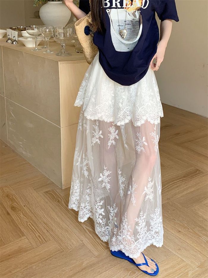 Retro Spliced Mesh Lace A Line Skirt | Summer Daily Youthful Women Skirt