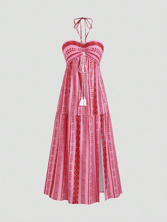 Boho Print Backless Slit Maxi Slip Dress | Beach & Party Women Long Dress