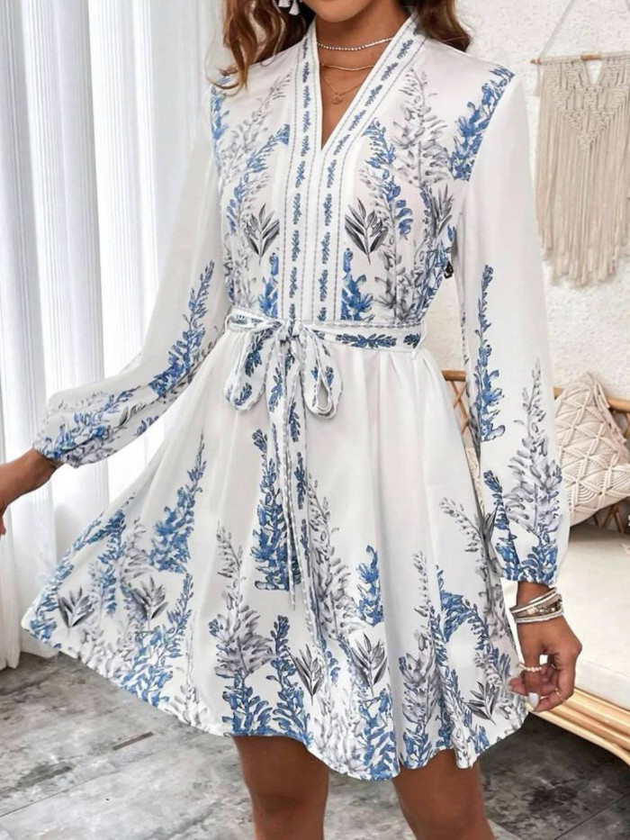 Long Sleeve Floral V Neck Midi Dress Boho Style | Daily & Party Women Dress