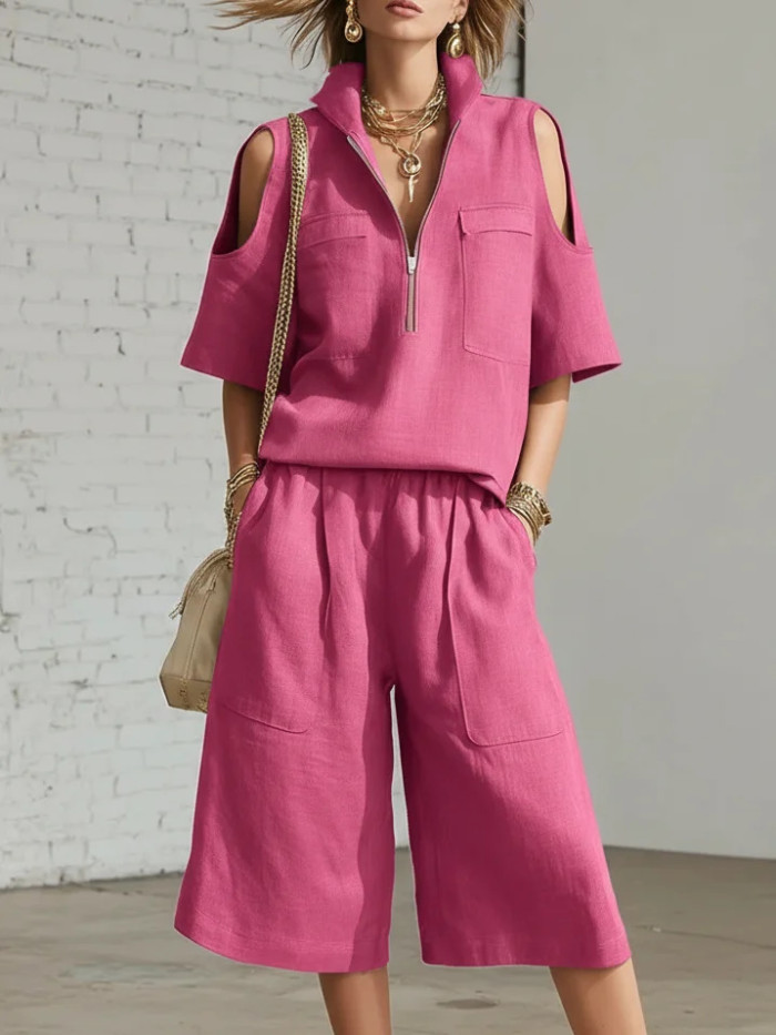 Solid V Neck Zip Short Sleeve Top & Elastic Waist Shorts Set | Daily Vacation Women Outfit