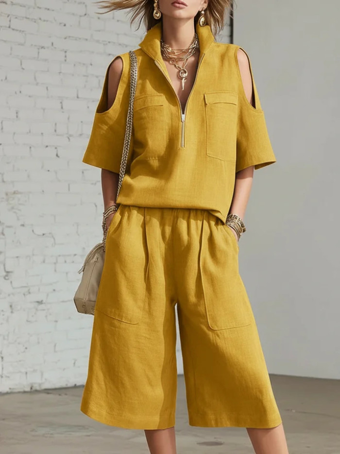 Solid V Neck Zip Short Sleeve Top & Elastic Waist Shorts Set | Daily Vacation Women Outfit