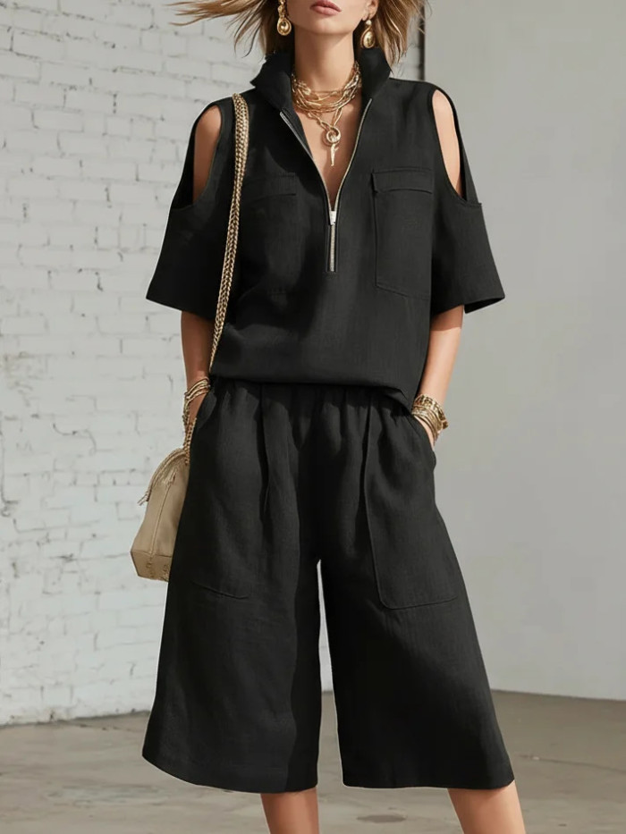 Solid V Neck Zip Short Sleeve Top & Elastic Waist Shorts Set | Daily Vacation Women Outfit