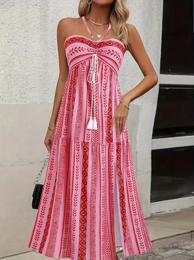 Boho Print Backless Slit Maxi Slip Dress | Beach & Party Women Long Dress
