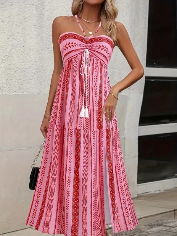 Boho Print Backless Slit Maxi Slip Dress | Beach & Party Women Long Dress