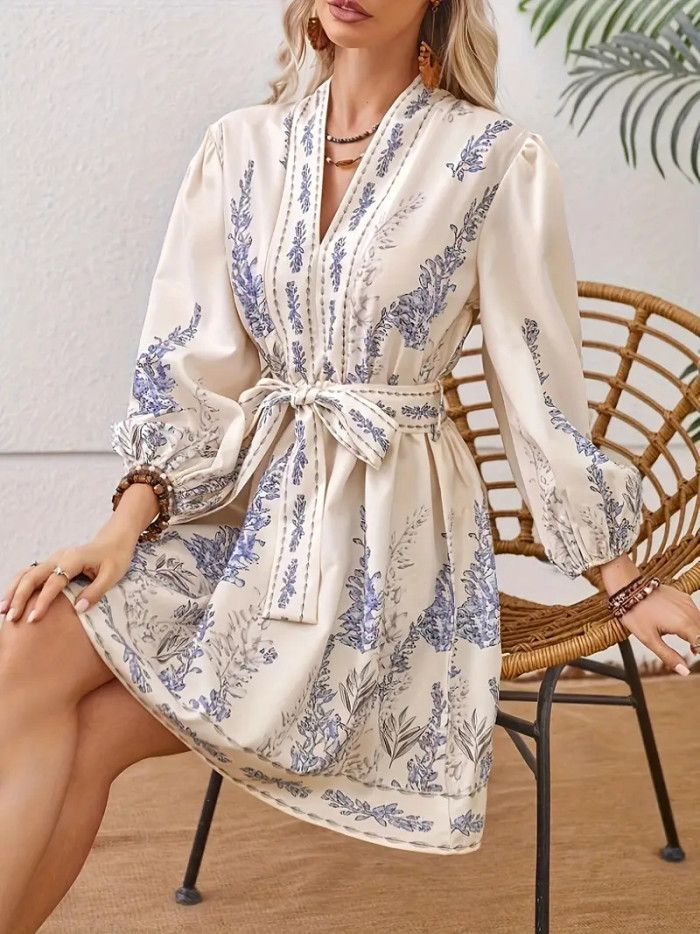 Long Sleeve Floral V Neck Midi Dress Boho Style | Daily & Party Women Dress