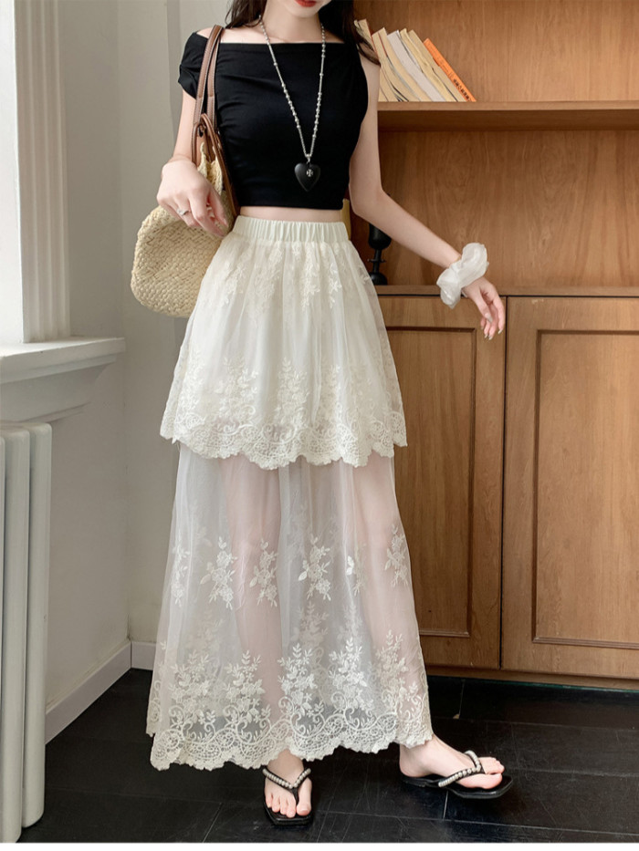Retro Spliced Mesh Lace A Line Skirt | Summer Daily Youthful Women Skirt